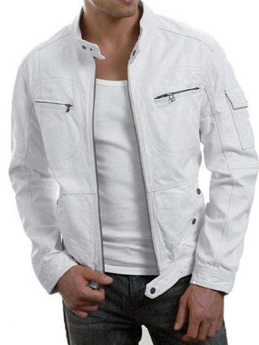 Mens Biker White Leather Jacket