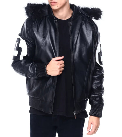 Mens Black 8 Ball Leather Hooded Jacket