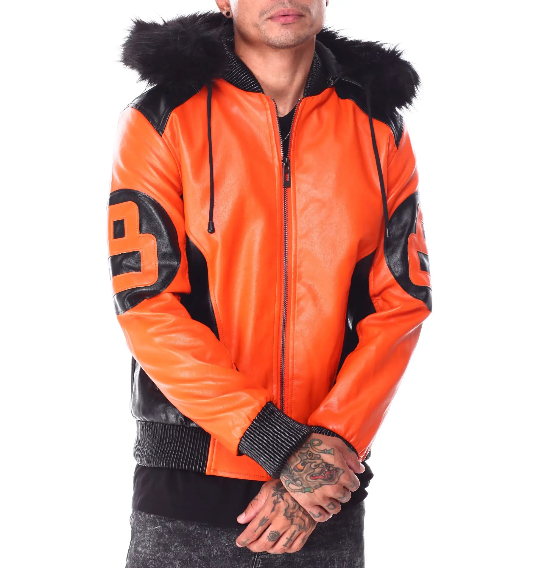 Mens 8 Ball Hooded Leather Bomber Jacket