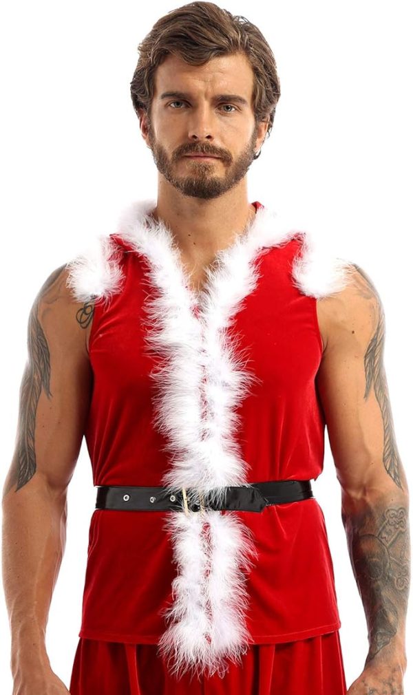 Man wearing a red velvet sexy Santa Claus waistcoat with white faux fur trim and black belt