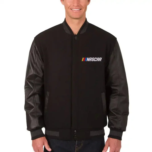 NASCAR JH Design Black Wool & Leather Varsity Jacket