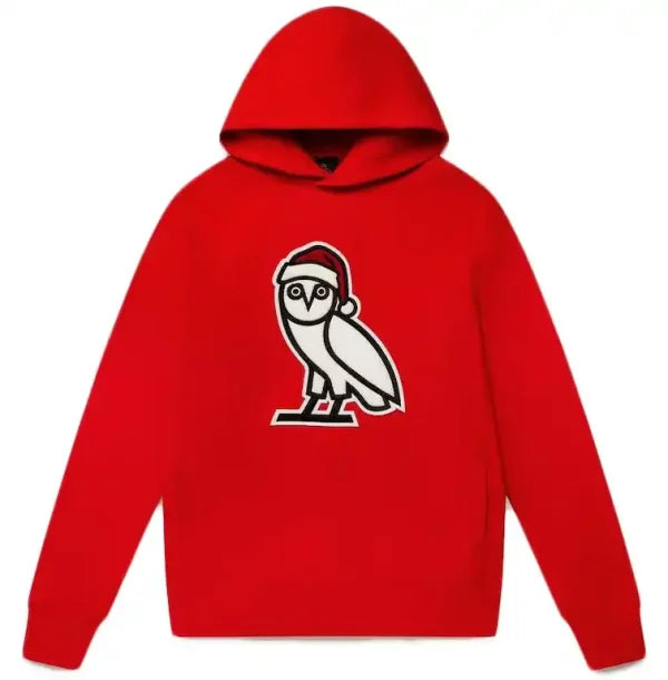 Red OVO Christmas hoodie with OG owl logo wearing a Santa hat