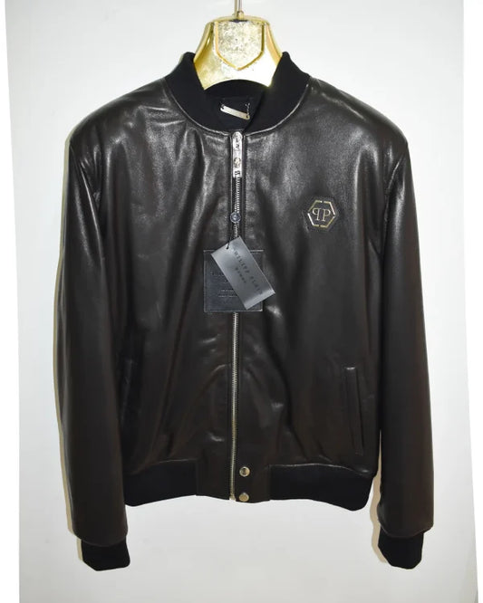 Philipp Plein Black Skull Leather Bomber Jacket