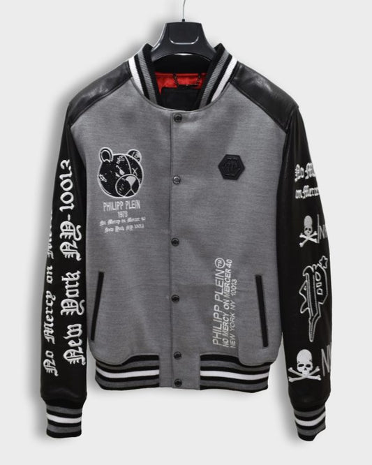 Philipp Plein Teddy Bear Grey Black Leather Jacket