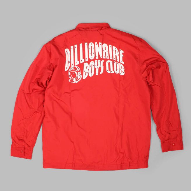 Red Billionaire Boys Club coach jacket with bold white logo and astronaut graphic on back