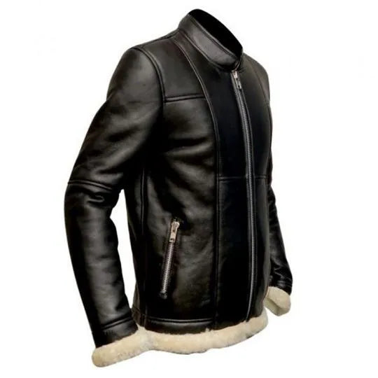 Men Slim Fit Biker Fur Black Jacket