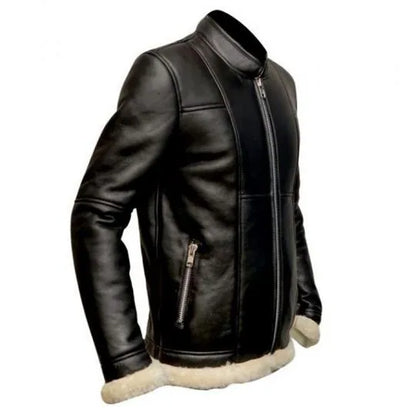 Men Slim Fit Biker Fur Black Jacket