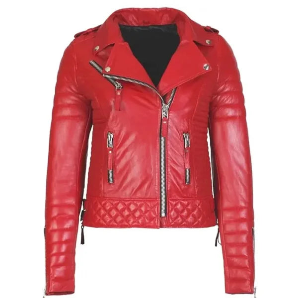 Women's red quilted biker jacket with zippers and diamond-stitched detailing