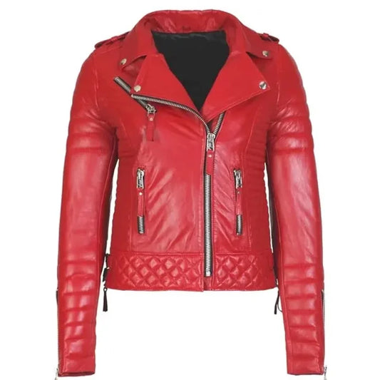 Women's red quilted biker jacket with zippers and diamond-stitched detailing