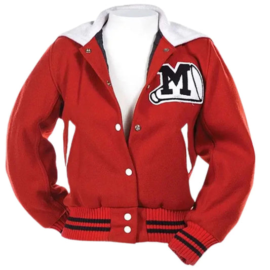 Red women's cheerleading varsity jacket with M patch, white collar, and striped cuffs