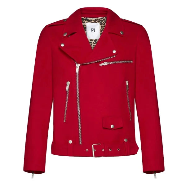 Red wool-blend biker jacket with silver zippers and leopard print lining
