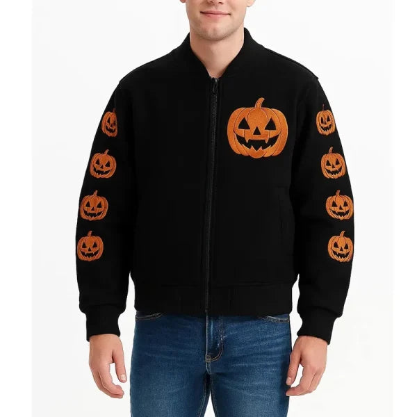 Halloween Pumpkin Black Varsity Wool Jacket