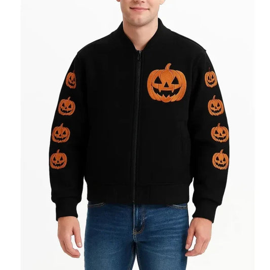 Halloween Pumpkin Black Varsity Wool Jacket