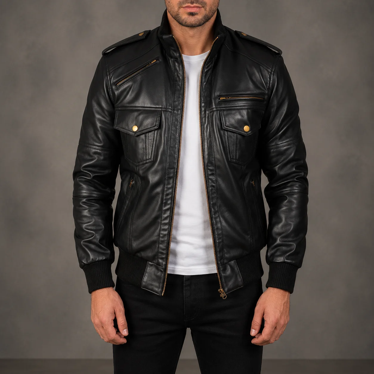Agent Shadow Black Leather Bomber Jacket