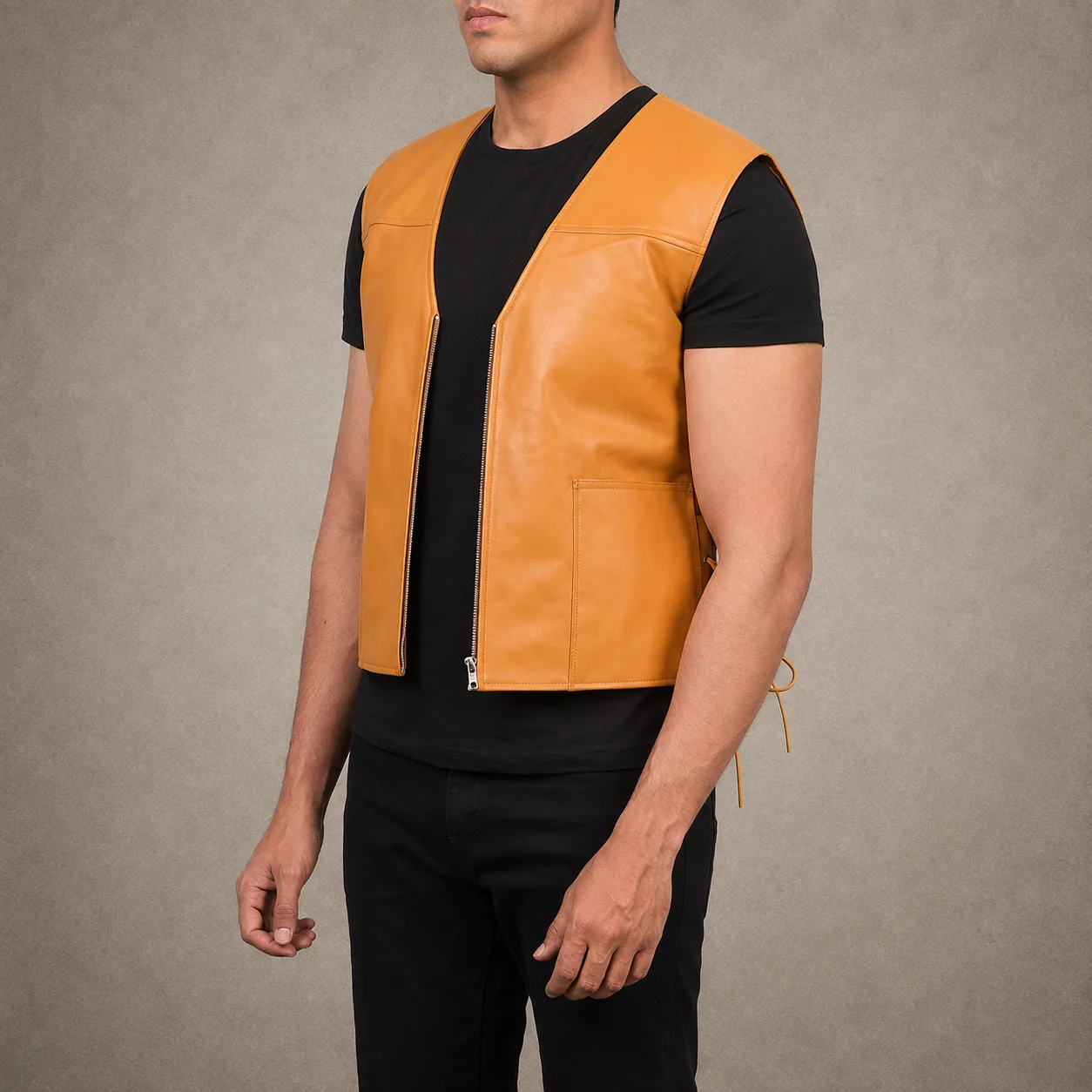 Men's Hayes tan brown leather vest crafted from premium genuine leather featuring a rich tan brown finish, classic sleeveless silhouette, durable construction, comfortable tailored fit, and timeless everyday style by Jonny N Guys