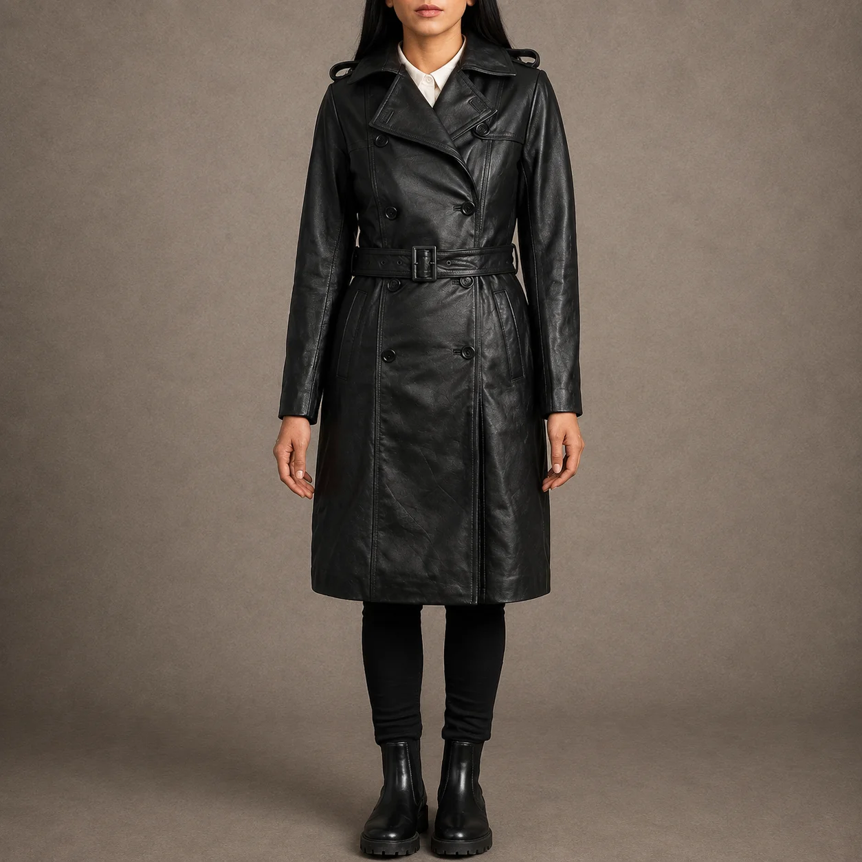 Valerie women's black cowhide leather double breasted coat with notch collar and shoulder epaulettes