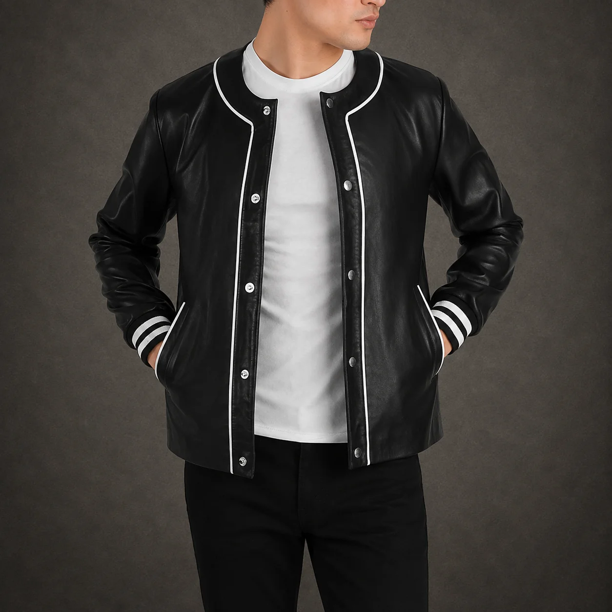 Men's Onyx Black Collarless Sheepskin Leather Varsity Jacket