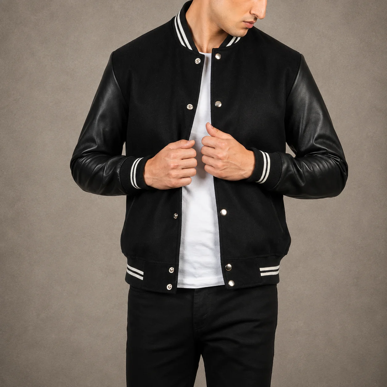 Men's Urban Black Leather Varsity Jacket with Wool Body