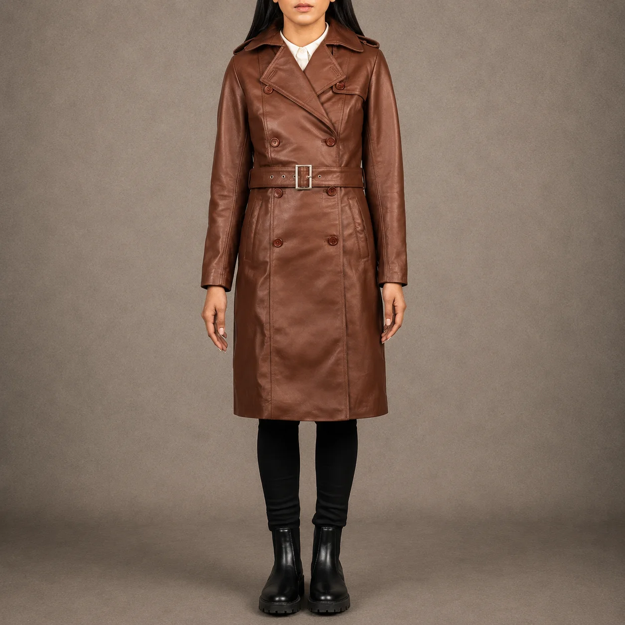 Avery women's brown cowhide leather double breasted coat with notch collar and shoulder epaulettes
