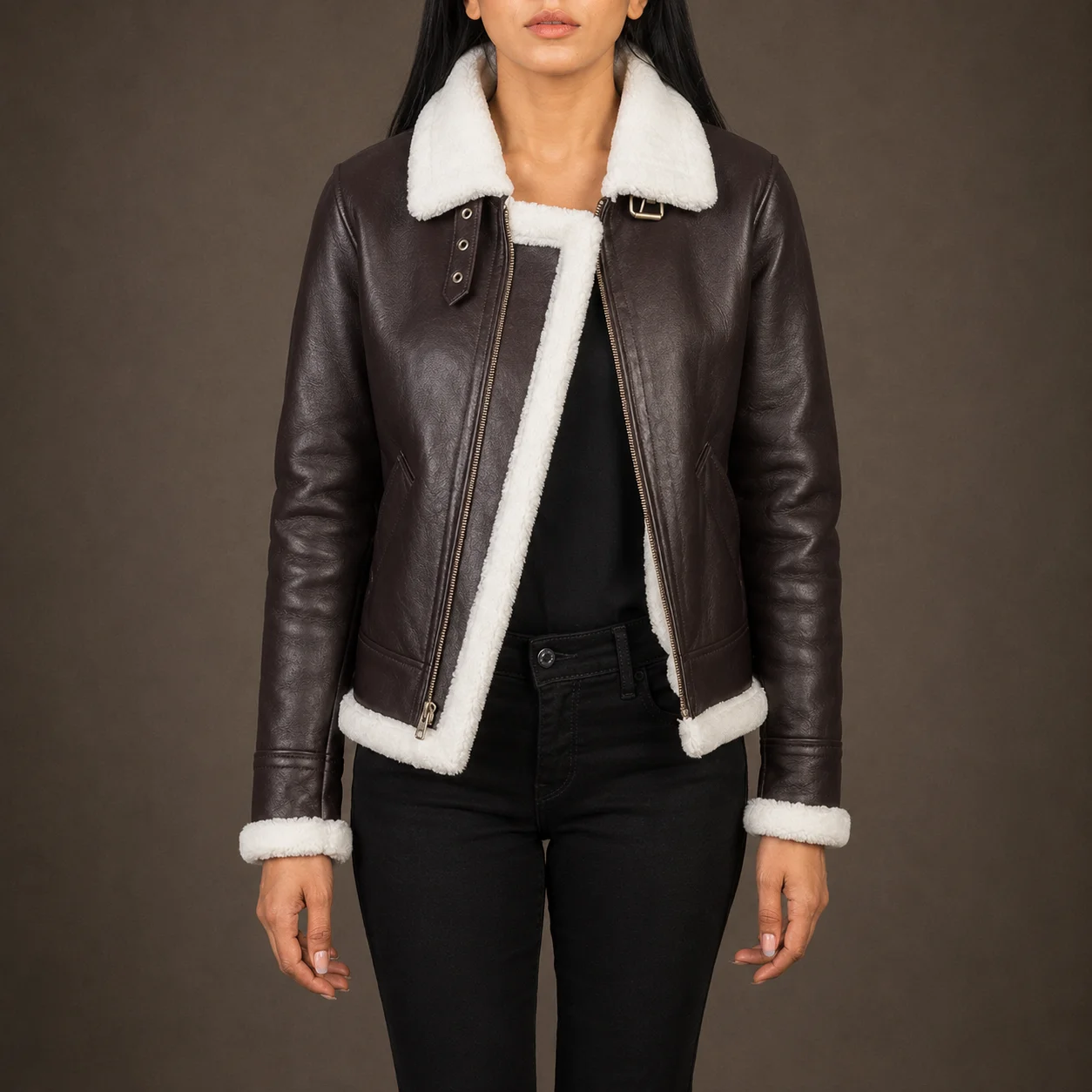 Marcella women's maroon B-3 sheepskin leather bomber jacket with faux fur lining and buckled collar