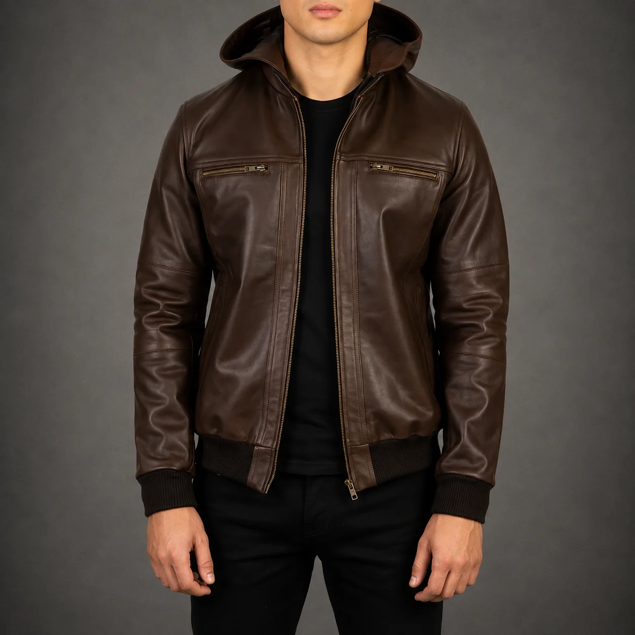 Men's Everett brown leather bomber jacket crafted from premium genuine leather featuring a rich brown finish, classic bomber silhouette, ribbed cuffs and hem, durable construction, and timeless everyday style by Jonny N Guys