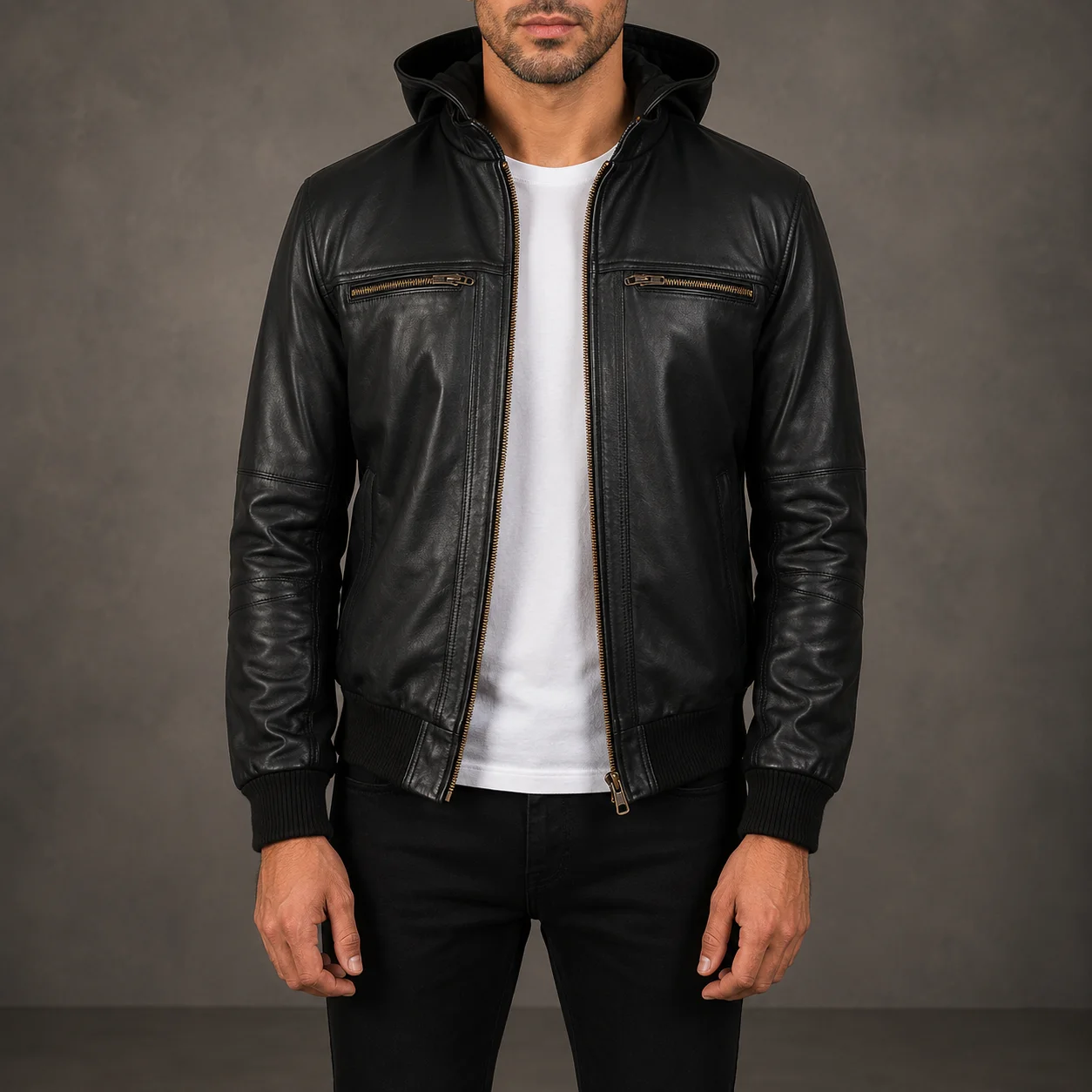Bouncer Biz Black Leather Bomber Jacket
