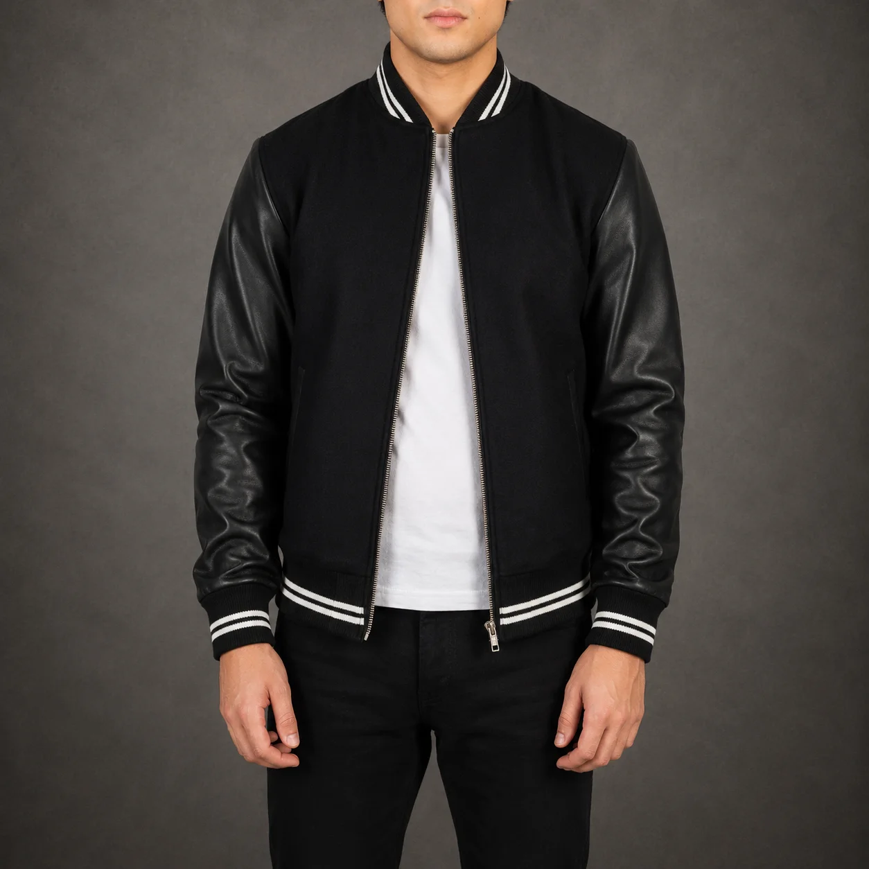 Men's Midtown Black Hybrid Varsity Jacket with Leather Sleeves