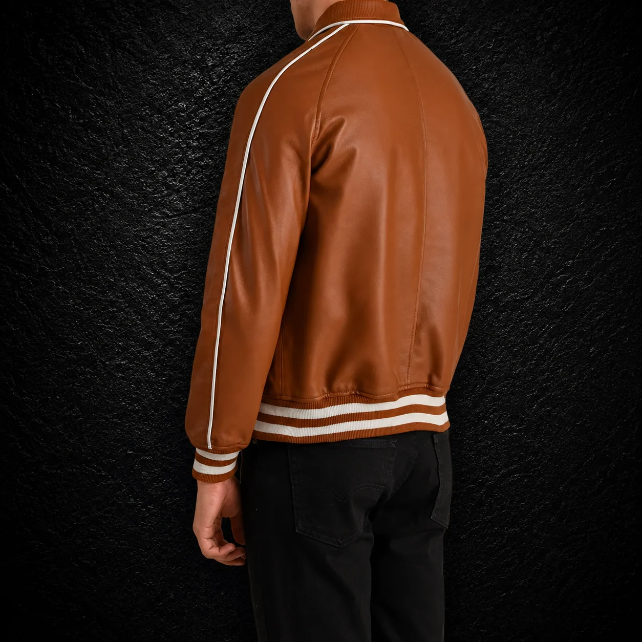 Men's Heritage Tan Brown Leather Varsity Jacket alternate