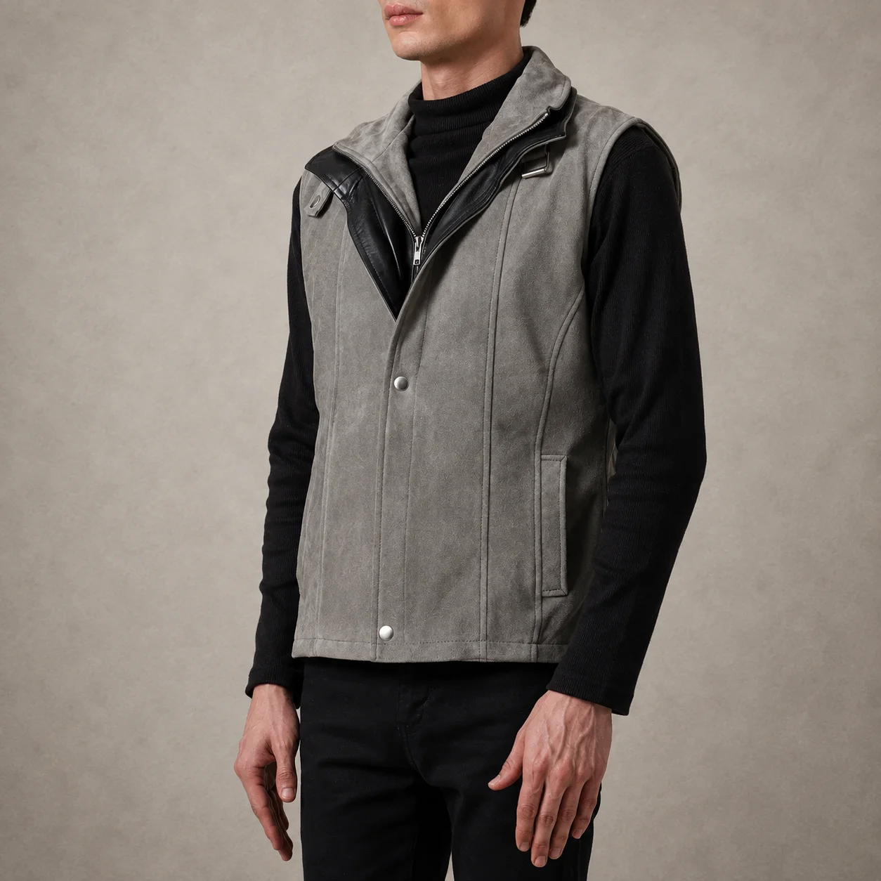Men's Beckett grey suede vest crafted from premium suede leather featuring a sophisticated grey finish, classic sleeveless silhouette, soft suede texture, durable construction, comfortable tailored fit, and timeless everyday style by Jonny N Guys