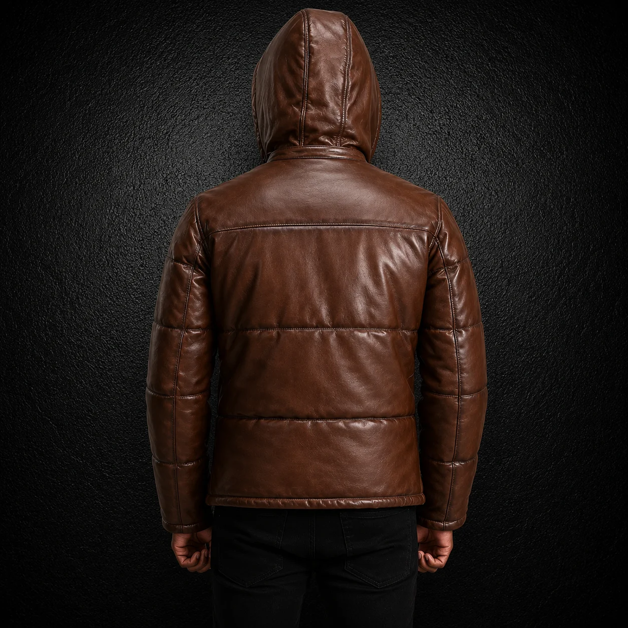 Men's Frontier Waxed Brown Hooded Leather Puffer Jacket alternate