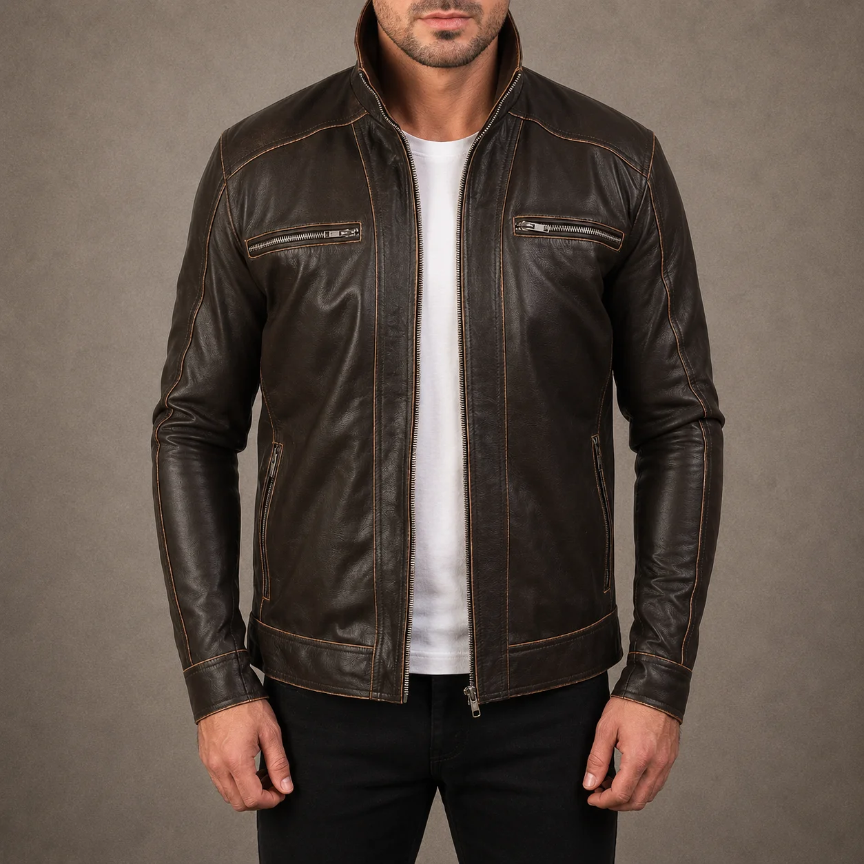 Men's Canyon Brown Goatskin Leather Biker Jacket with High Neck Collar