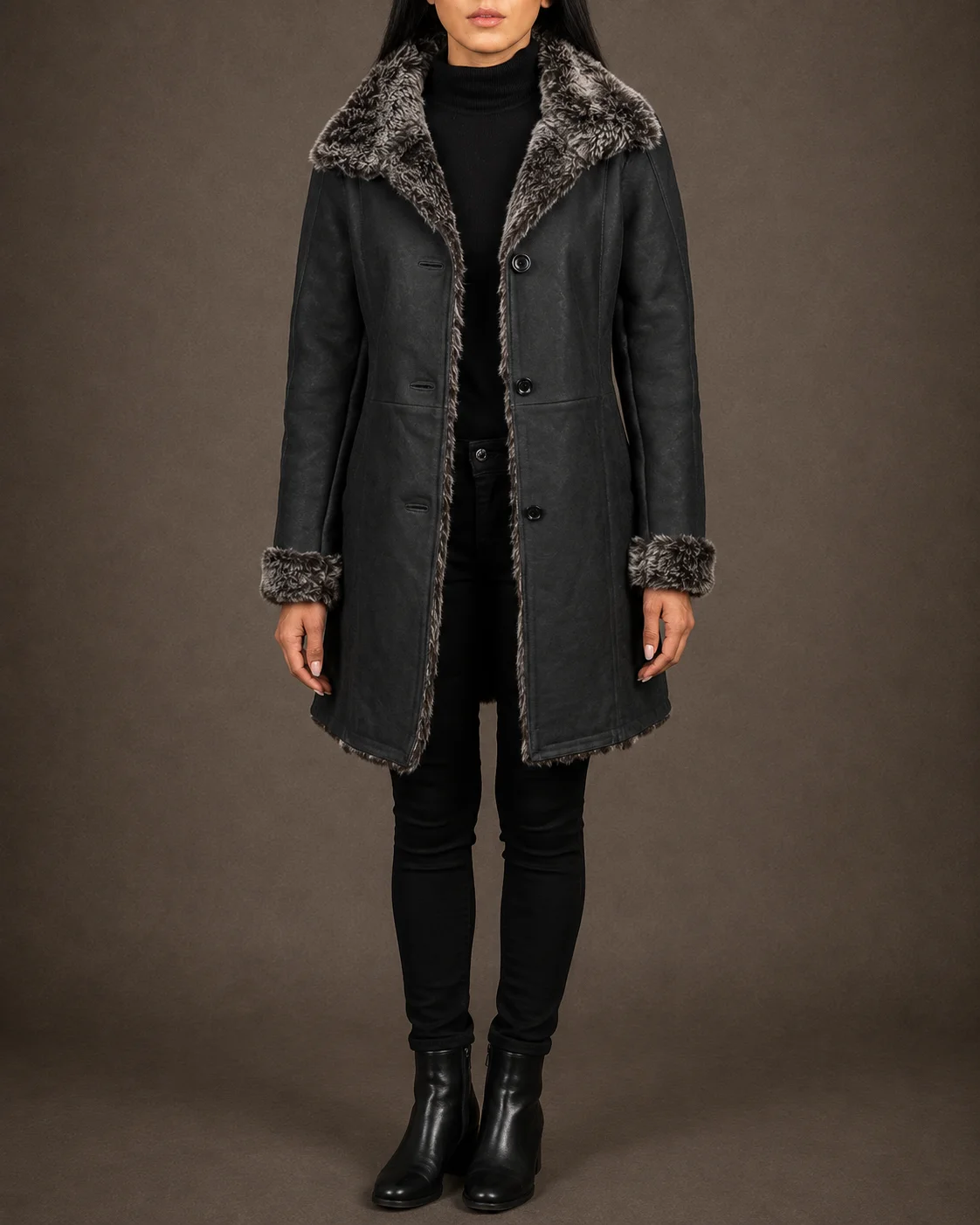 Vesper women's distressed black sheepskin leather coat with faux fur lining