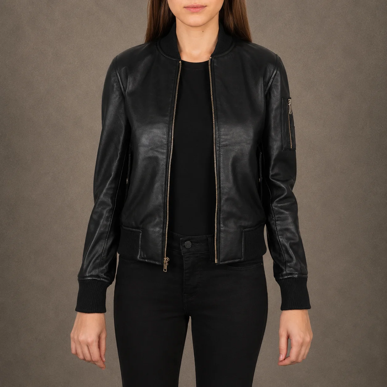 Women’s Ava MA-1 Black Sheepskin Leather Bomber Jacket