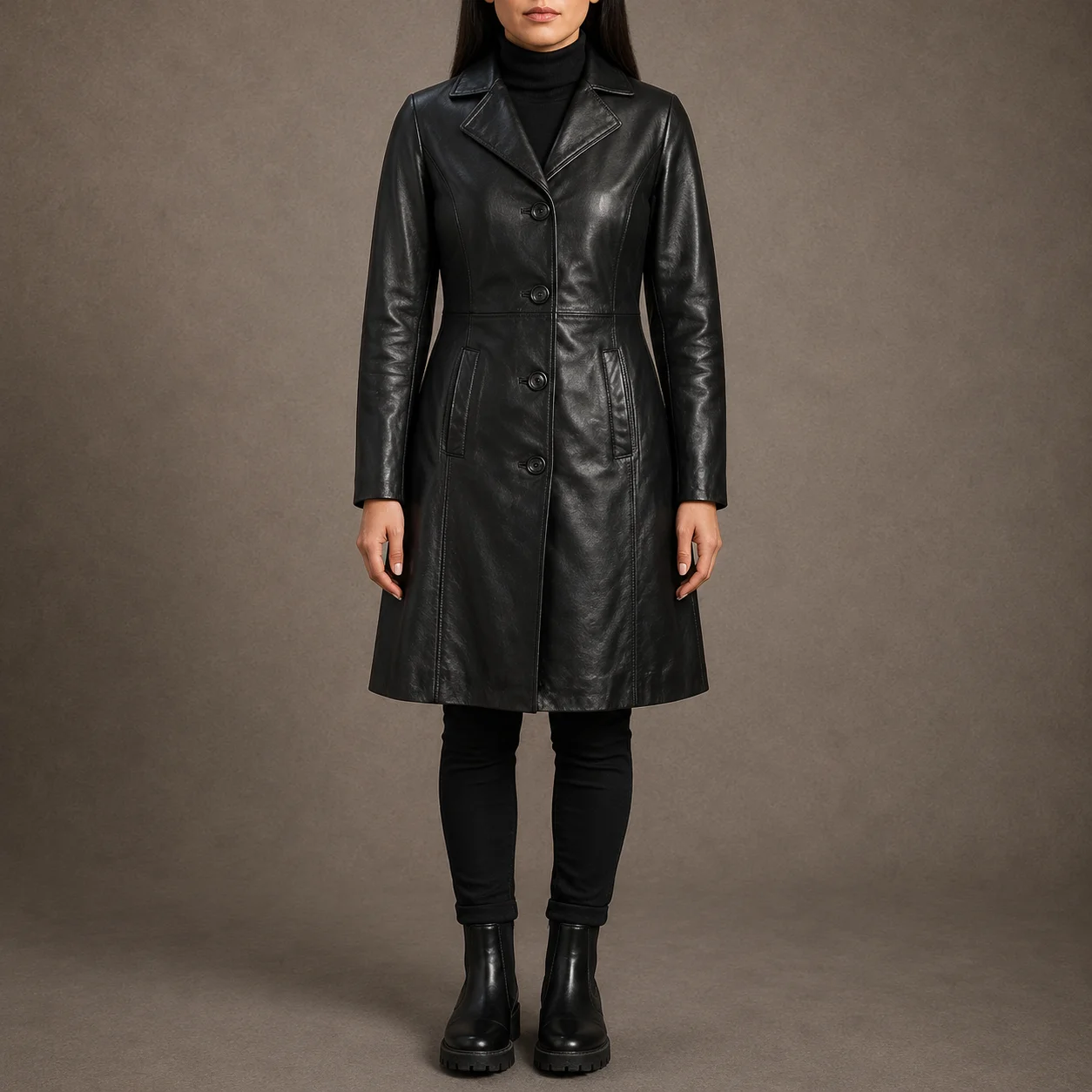 Aveline women's black genuine cowhide single-breasted leather coat with notch collar and button closure