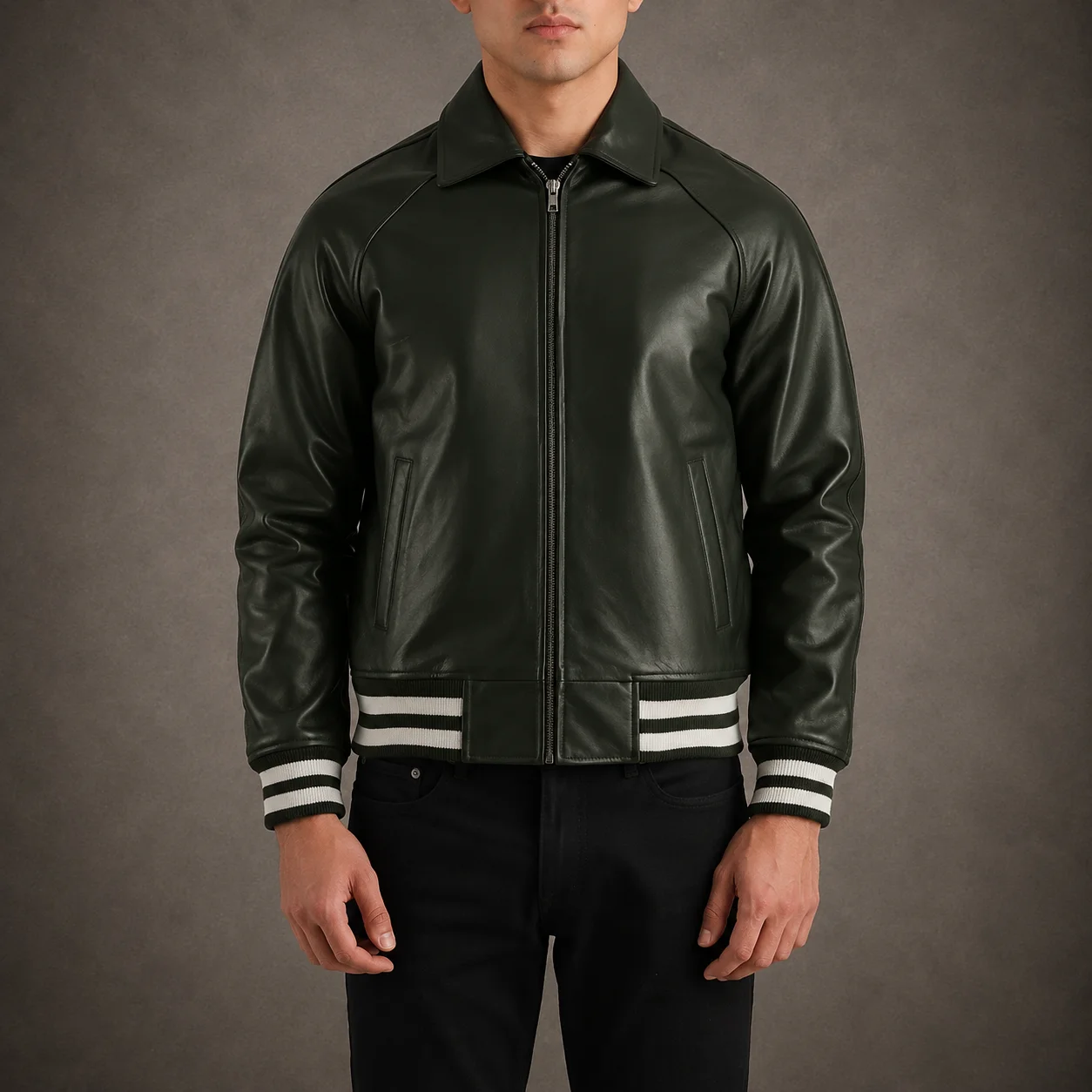 Men's Evergreen Green Leather Varsity Jacket in Genuine Sheepskin