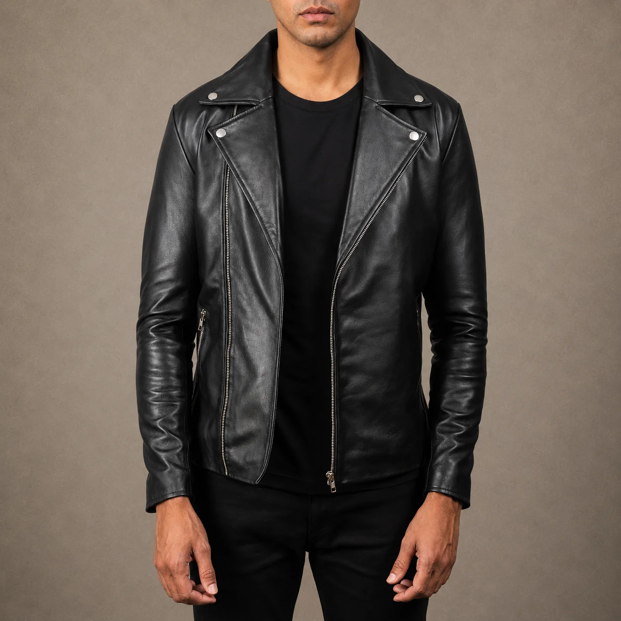Men's Apex Black Sheepskin Leather Biker Jacket with Notch Collar