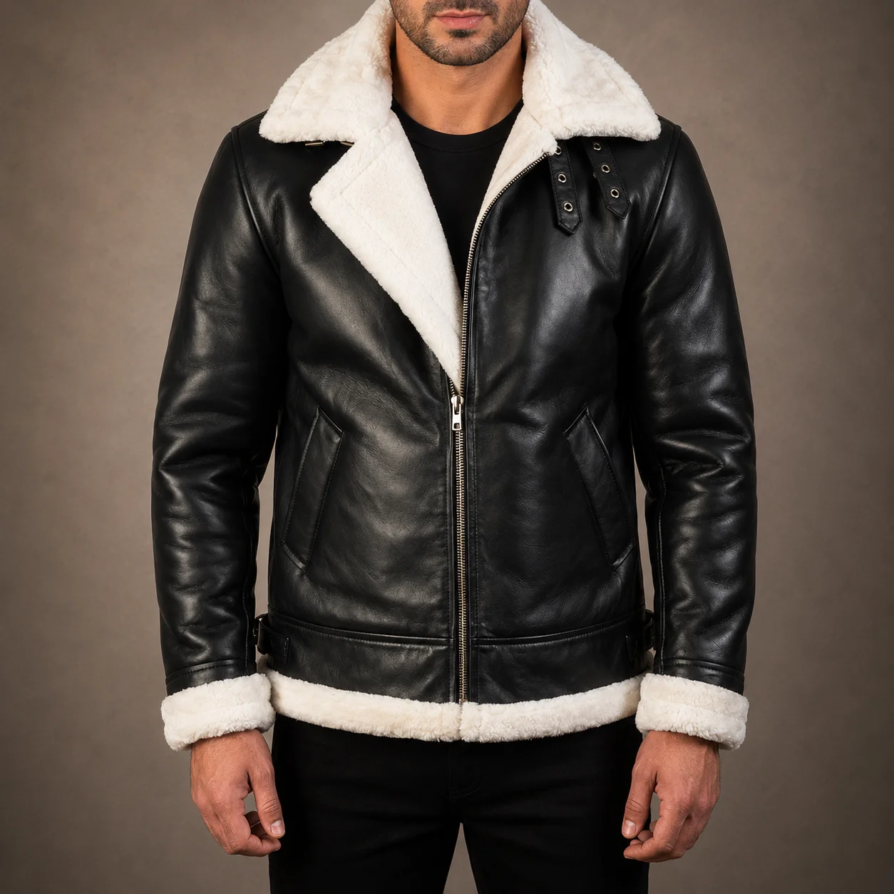 Men's Glacier B-3 Black and White Shearling Leather Bomber Jacket