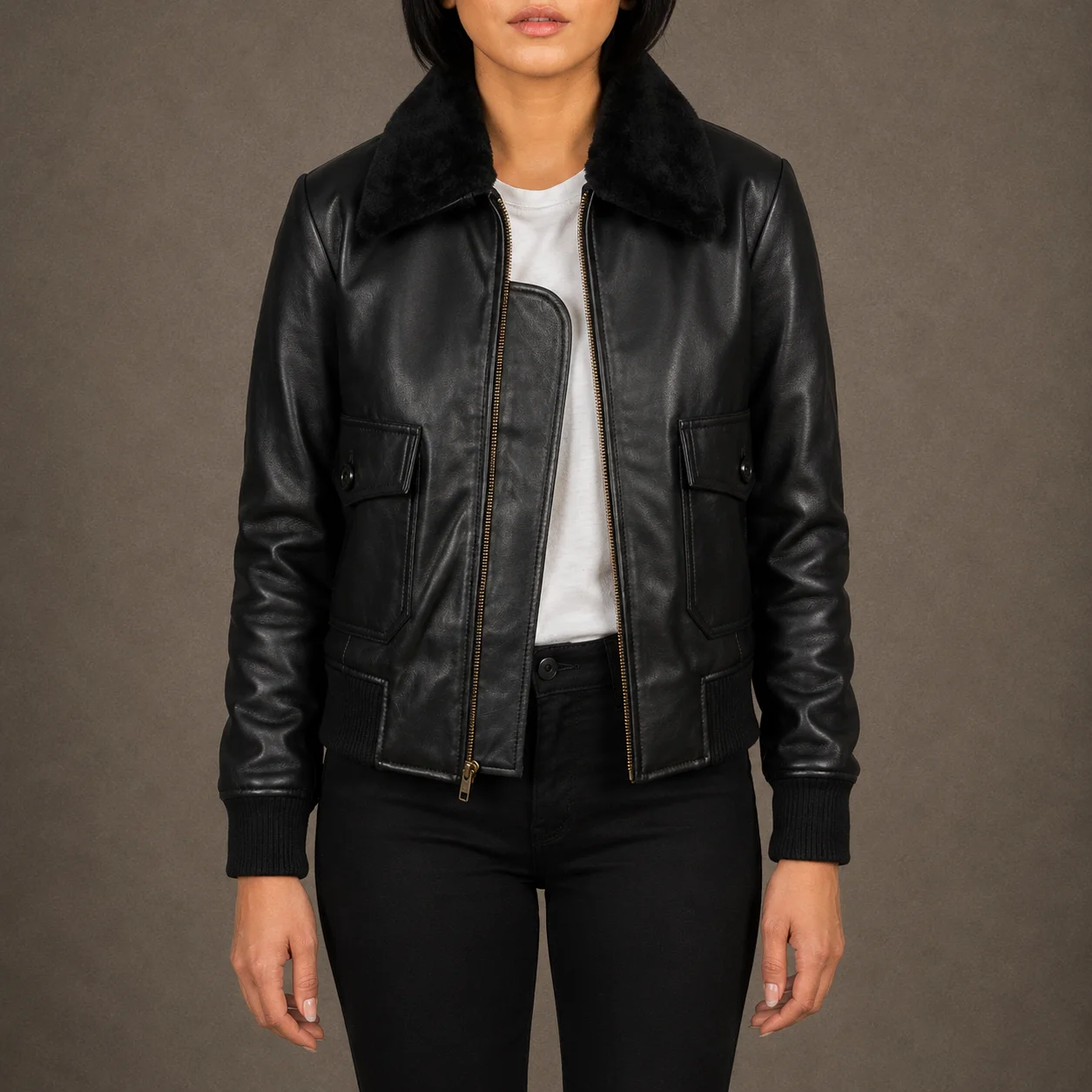 Women’s Stella G-1 Black Sheepskin Leather Bomber Jacket