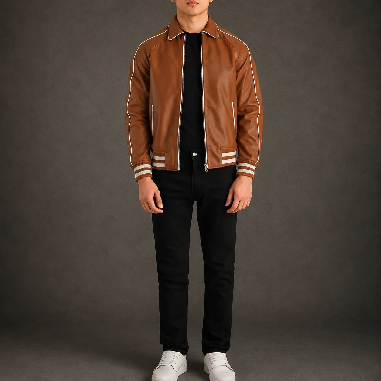 Men's Heritage Tan Brown Leather Varsity Jacket with Raglan Sleeves