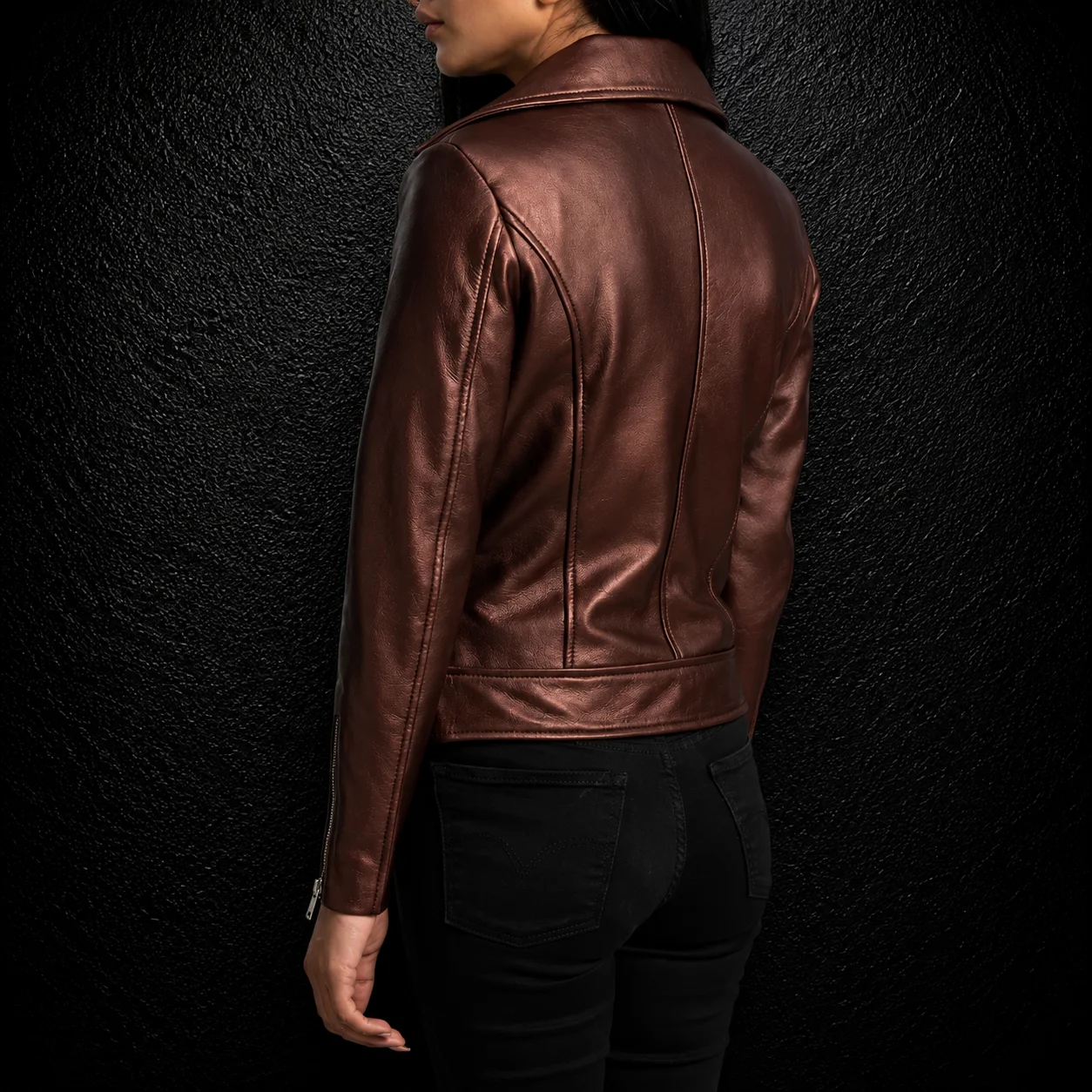 Women’s Rumy Maroon Leather Biker Jacket alternate