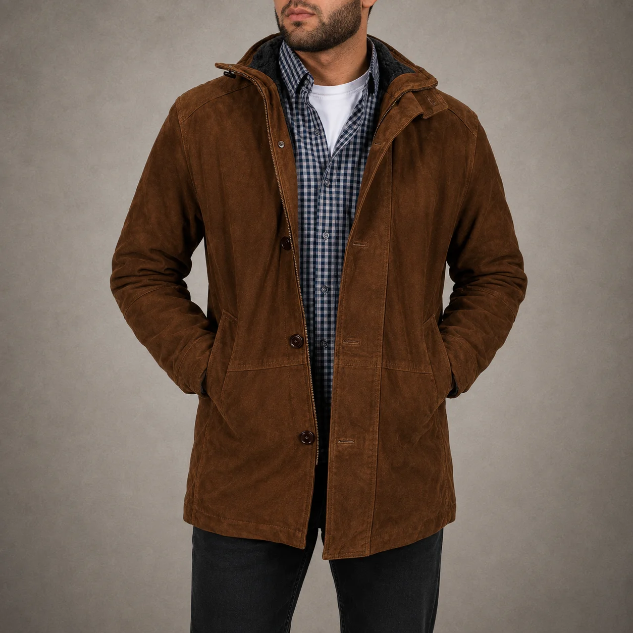 Men's Sheriff Brown Suede Leather Jacket with Faux Fur Lining Front View