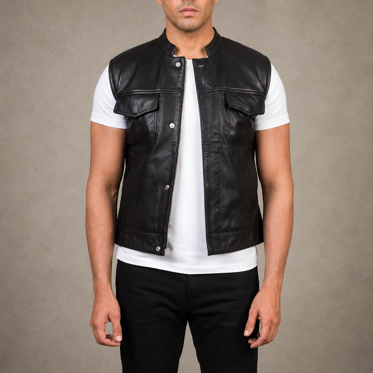 Men's Sterling Moto brown leather vest crafted from premium genuine leather featuring a rich brown finish, classic motorcycle-inspired sleeveless design, durable construction, tailored fit, and timeless biker style by Jonny N Guys