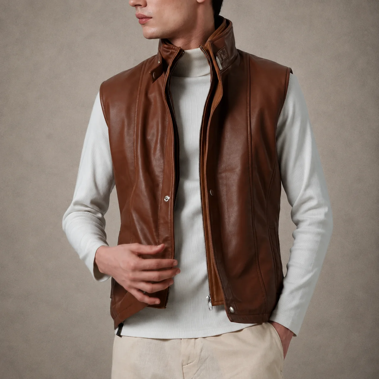 Men's Beckett waxed brown leather vest crafted from premium genuine leather featuring a rich waxed brown finish, classic sleeveless silhouette, durable construction, comfortable tailored fit, and timeless heritage-inspired style by Jonny N Guys