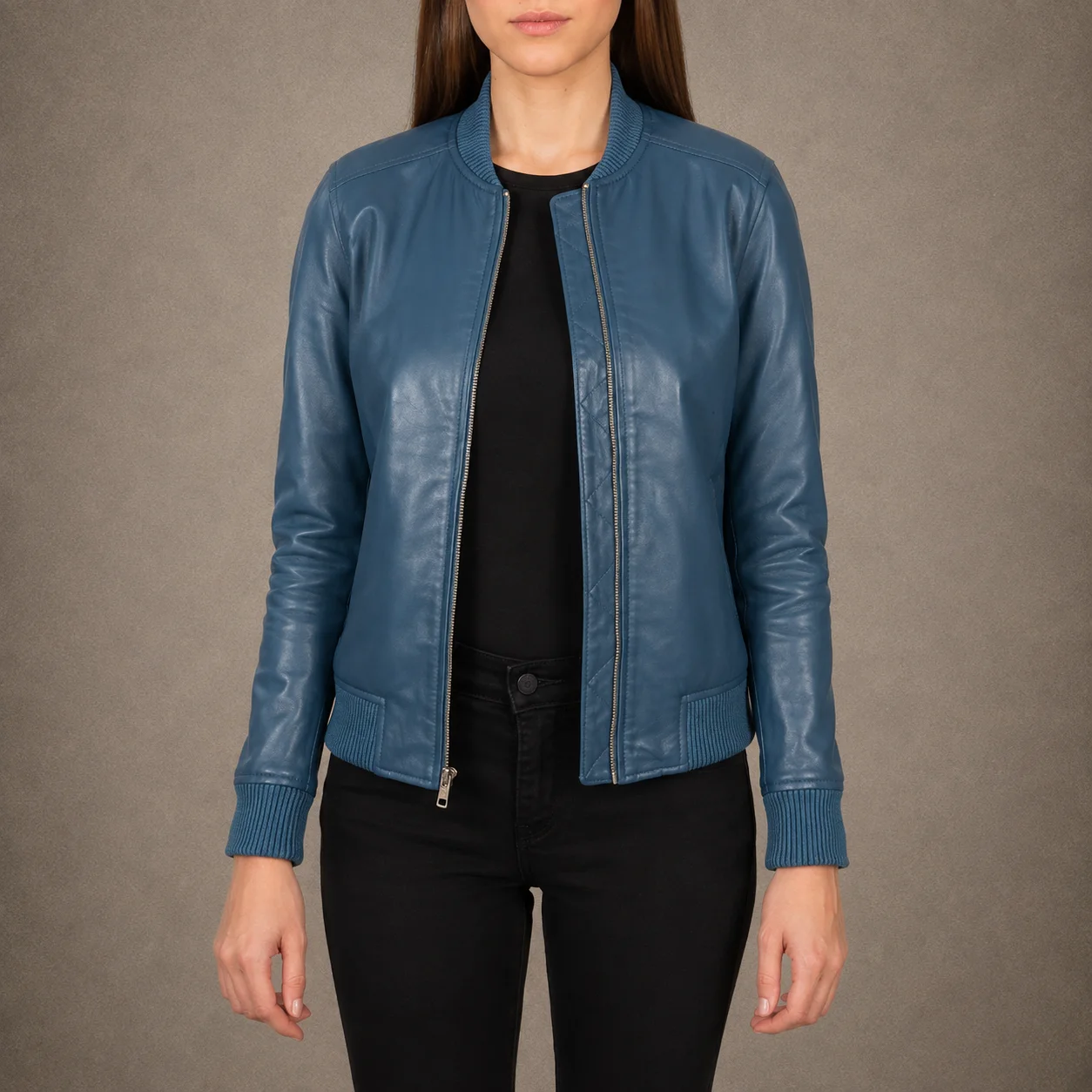 Women's blue sheepskin leather bomber jacket with rib knit collar and cuffs