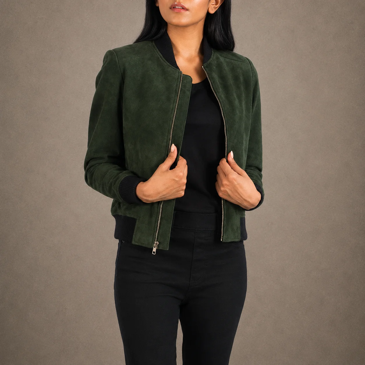 Women's green goatskin suede bomber jacket with rib knit collar and cuffs