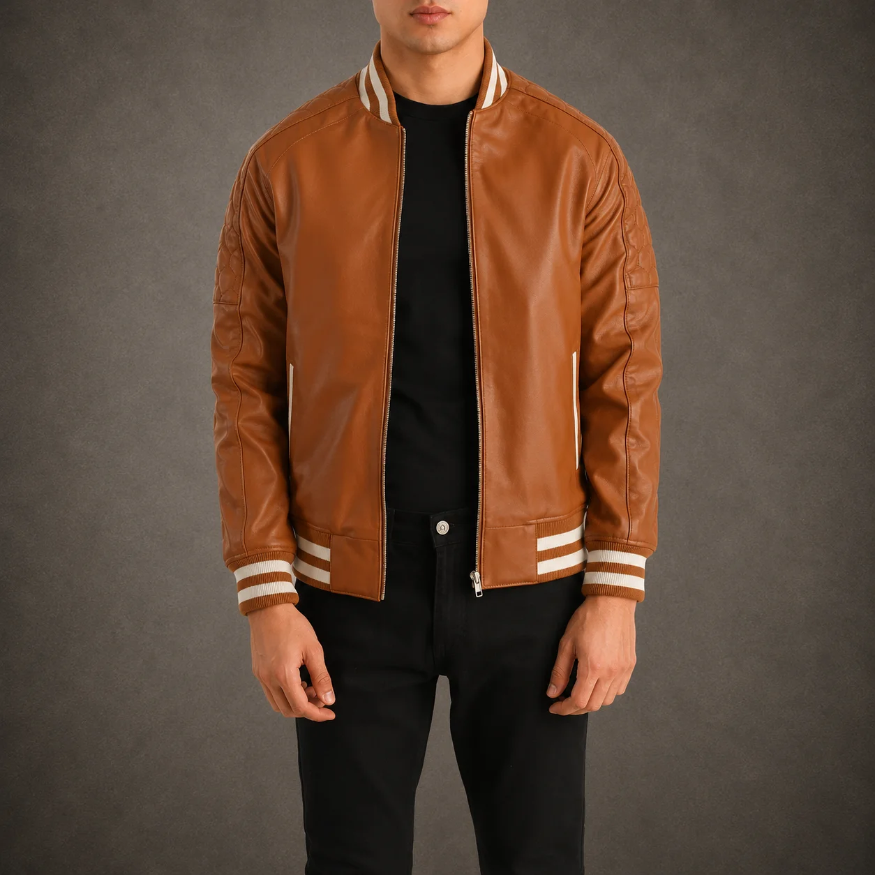 Men's Canyon Tan Brown Leather Varsity Jacket in Genuine Sheepskin