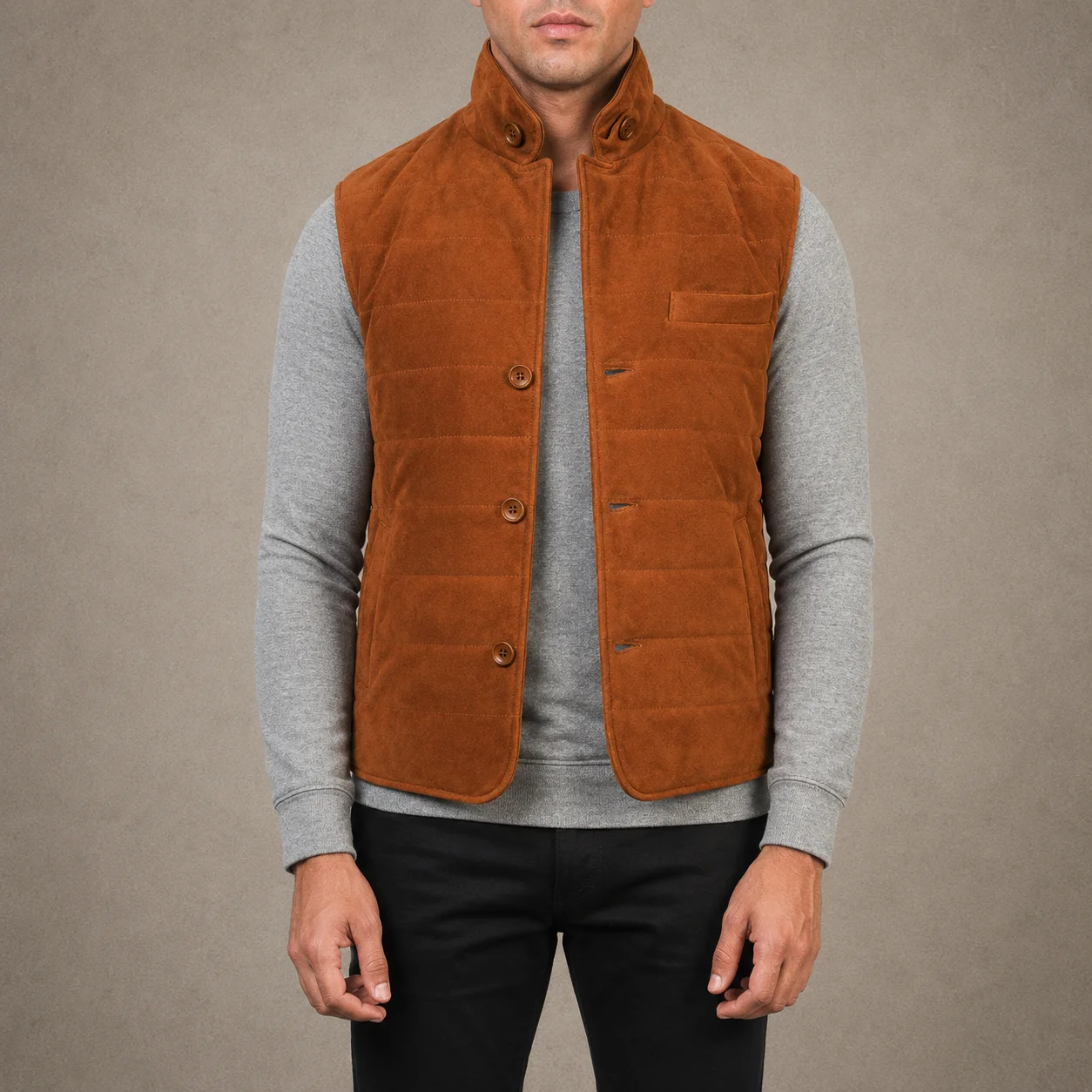 Men's Ashton brown suede vest crafted from premium suede leather featuring a rich brown finish, classic sleeveless silhouette, soft suede texture, durable construction, comfortable tailored fit, and timeless everyday style by Jonny N Guys