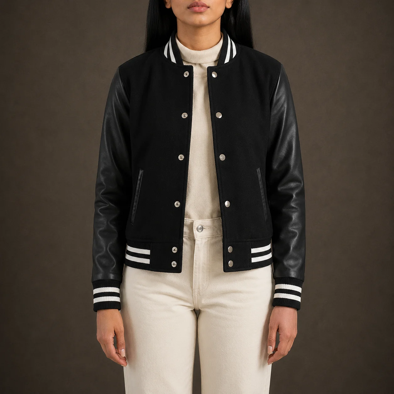 Women's black hybrid varsity jacket with leather sleeves and wool torso