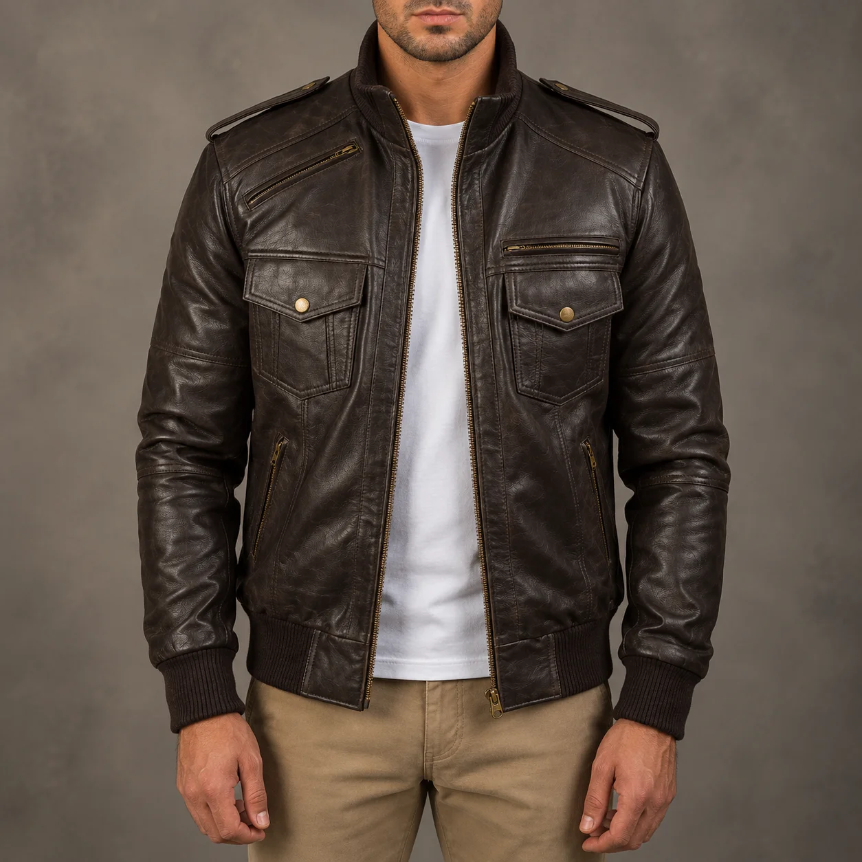 Agent Shadow Brown Leather Bomber Jacket