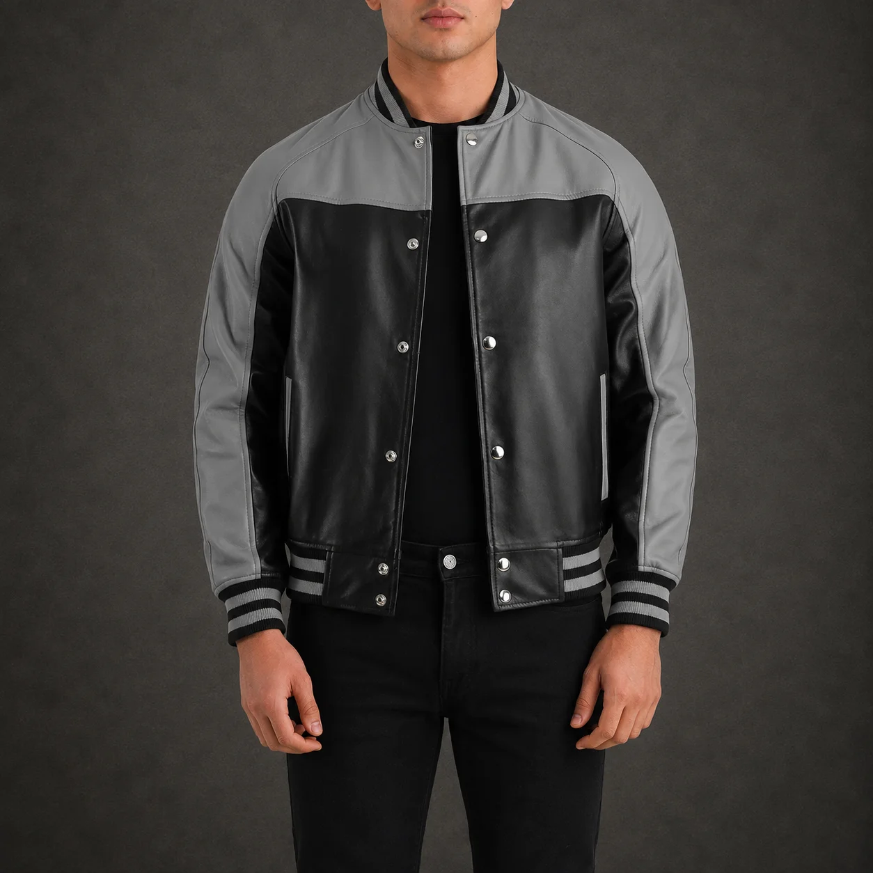 Men's Graphite Black and Grey Sheepskin Leather Varsity Jacket